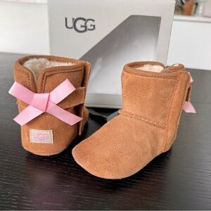 UGG Tan Baby Boots with Pink Bow